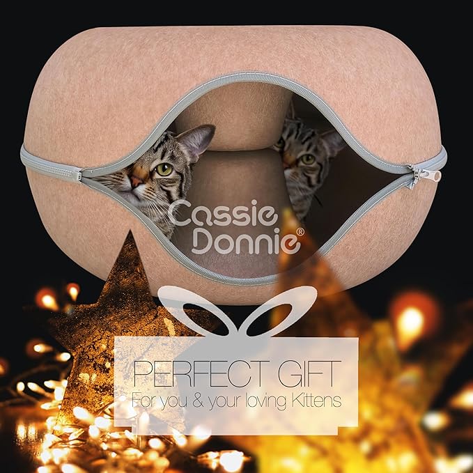 Cat Tunnel Bed for Indoor Cats, Medium Large, Donut Cave House up to 22 Lbs, Spacious for 2 Kittens (Brown)