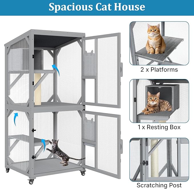Catio Outdoor Cat Enclosure, Cat Patio Enclosure with 3 Platforms, Cat Condo Outdoor, Wooden Movable Cats Cage with 4 Wheels, Large Outdoor Cats House