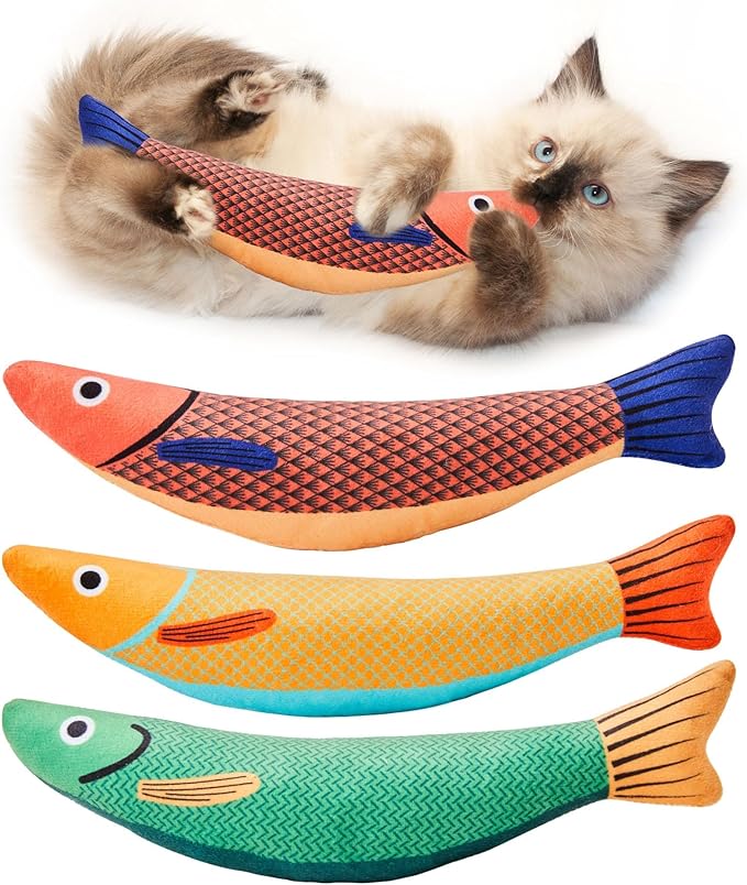 Potaroma Cat Toys Saury Fish, 3 Pack, Catnip Crinkle Sound, Soft and Durable, Interactive Kitten Kicker for Indoor Kitty Exercise 9.4 Inches for All Breeds