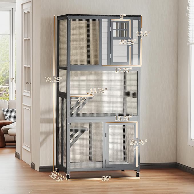 PawHut 74" Wooden Catio Outdoor Cat Enclosure Weatherproof & Wheeled, Outside Cat House with High Weight Capacity, Kitten Cage Condo, Dark Gray