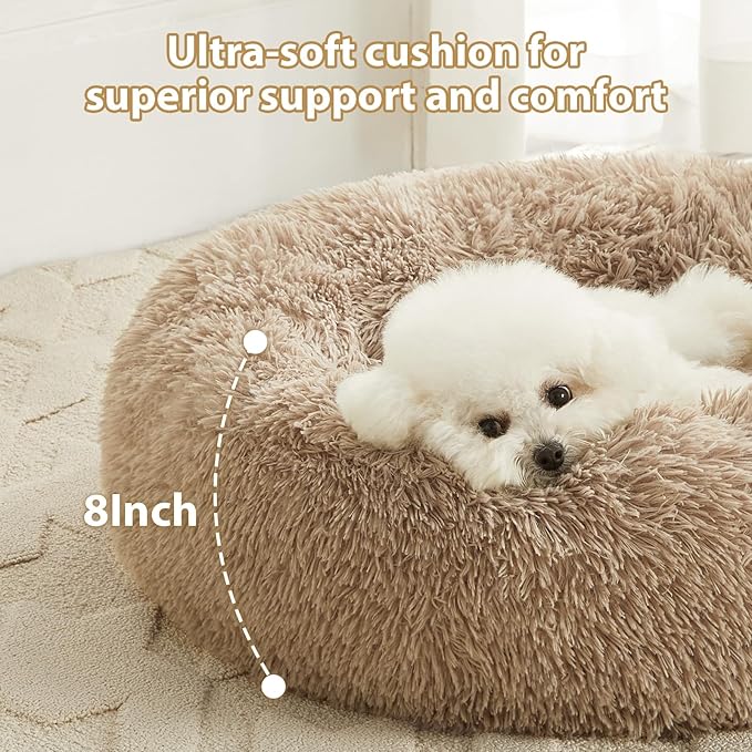 WNPETHOME Calming Dog Bed & Cat Bed,Small Dog Bed Donut Design Faux Fur Anti-Anxiety Dogs Beds,Fluffy Pet Cushion Pet Beds for Small Dogs and Cats (20 x 20 Inch, Brown)