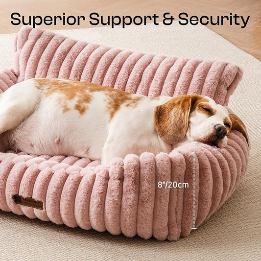 MEWOOFUN Dog Sofa Bed, Fluffy Dog Couch with Removable Washable Cover, Supportive Puppy Bed for Medium Sized up to 45 lbs (Pink, 36x28x12)