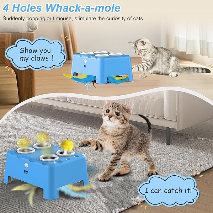 Cat Toys, Interactive Cat Toys, 2-in-1 Moving Concealed Feathers, 4 Holes Mice Whack A Mole Cat Kitten Toy Exercise Toys for Indoor Bored Adult Cats, USB Rechargeable Electronic Kitten Toys (Blue)
