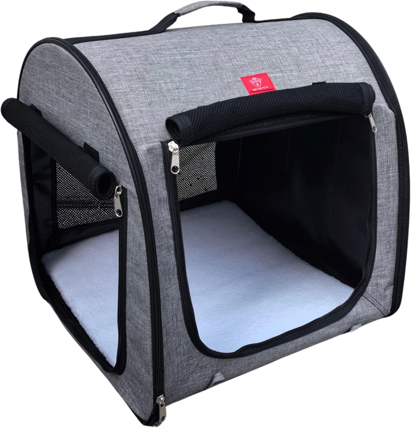 Fabric Portable Pet Kennel/Shelter, Single, Gray, 20"x20"x19.5" - Car Seat-Belt Fixture Included