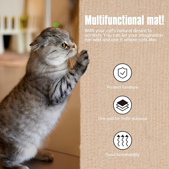 Cat Scratching Mat,Cat Scratch Furniture Protector, Trimmable Self-Adhesive Couch Protector,Carpet Replacement for Tree Shelves, Sofa and Scratching Post(40"x15.8",Khaki)