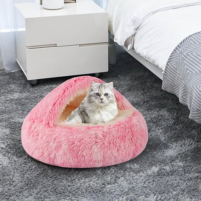 Round Hooded Cat & Dog Bed with Cover Cave, Faux Fur Cuddler - Self Warming Donut Bed Fits up to 12 lbs Pets (Pink, 20" x 20")