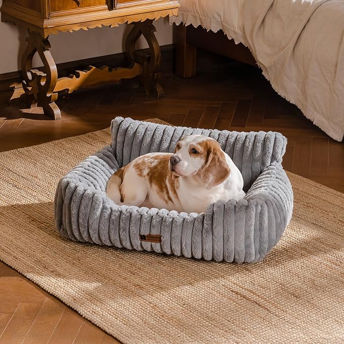 MEWOOFUN Dog Sofa Bed, Fluffy Dog Couch with Removable Washable Cover, Supportive Puppy Bed for Medium Sized up to 45 lbs (Grey, 36x28x12)