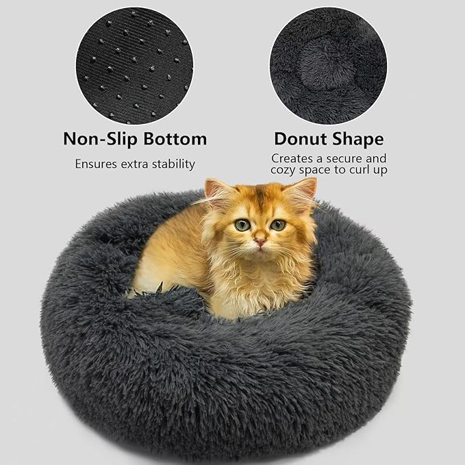 Dog Bed, Fluffy Round Pet Bed Non-Slip, Calming Soft Plush Donut Cuddler for Indoor Small Dogs Kittens, 15 inches Cat Bed Machine Washable, Dark Gray