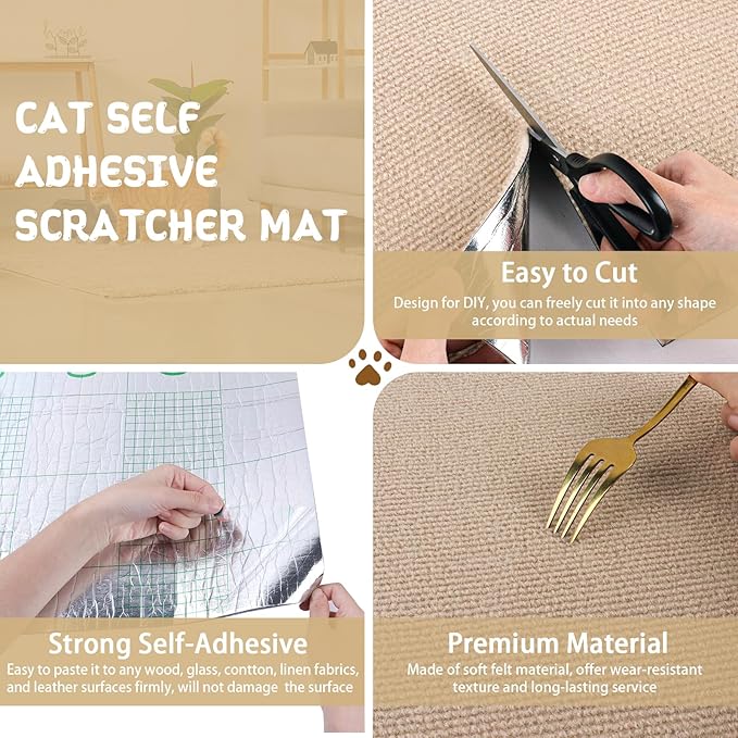 Climbing Cat Scratcher Mat Trimmable Cat Scratching Post Carpet 118’’x15.8’’ Self Adhesive Carpet Mat Pad Replacement for Cat Tree Shelves Post Couch Wall Furniture Steps DIY Protector (Beige)