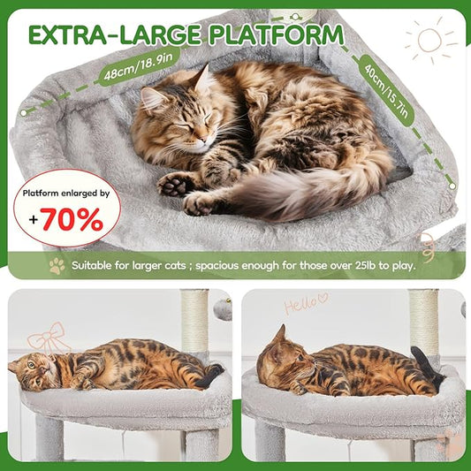 Taoqimiao MS042W Cat Tree,66-inch Large Cat Tower with Scratching Posts, Luxurious Large Platform for Big Cats with Soft Hammock, Adjustable Basket, Deluxe Cat Cando, Top Perch Light Gray