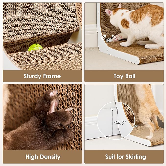 EHEYCIGA Cardboard Cat Scratcher for Indoor Kitten Cats, 19 Inch L Shaped Vertical Cat Scratching Board with Ball Cat Toy, Small Cat Scratcher Pad, White