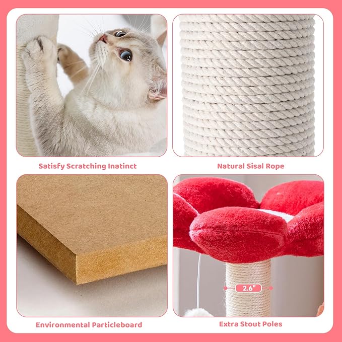 HYABi 48-inch Modern Cat Tree with Hanging Basket & Flower Design, Multi-Level Cat Tower with Plush Perches, Sisal Scratching Posts & Toy Balls, Stylish Indoor Playhouse for Cats & Kittens