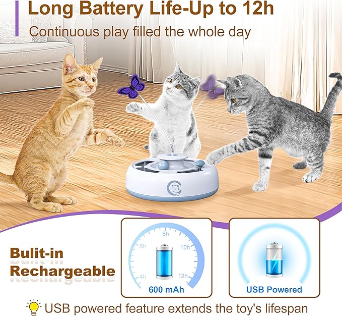 Cat Toys 3 in1 Automatic Interactive Kitten Toy, Moving Ambush Mouse, Fluttering Butterfly, Track Balls, USB Powered, Indoor Exercise Kicker, Mouse Catching Game (Bright White)