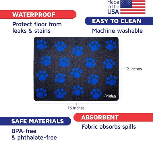 Americat Cat Feeding Mat Machine Washable, Waterproof, No-Slip Cat Placemat Protect Floors from Messy Eaters & Drinkers 16 x 12 Inches (Paw Prints)