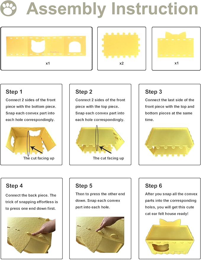Cat House Cat Ear Design, Large Spacious Cozy Indoor Cat Bed Cave, Scratch Resistant Strong Thick Premium Felt Condo, Fun Hideaway for Multiple Cats, 21.5x13x11.6 inches (Bright Yellow)