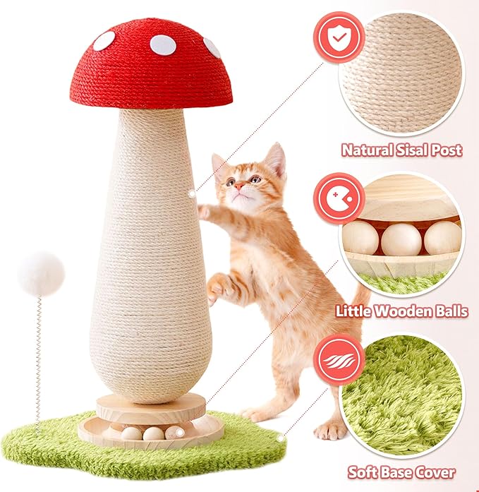 21.5‘’ H Cat Scratching Post with Catnip,Cute Mushroom Cat Scratcher Post with Durable Solid Wood Turntable Toy,Mushroom Shape Design Cat Toy Cat Sisal Scratcher for Indoor Cats (Cloud Base)