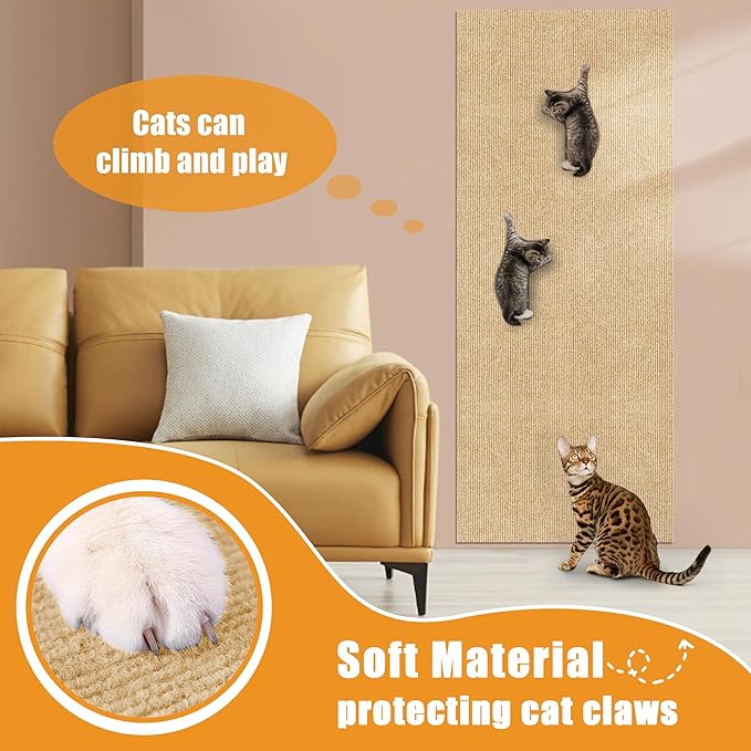 Cat Scratching mat Self-Adhesive, Trimmable Furniture Protector for Couch, Sofa, Wall & Cat Trees - Durable Scratch Pad with Nano Tape, DIY Climbing Carpet for Indoor Cats (Khaki, 78.7"x15.8")