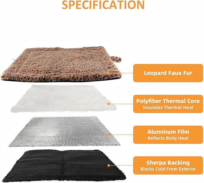 Self-Warming Cat Pad, Self-Heating Thermal Pet Mat for Indoor Outdoor Cats and Small Dogs Bed Mat for Sleeping, Non-Slip Hooks, 30 x 24 Inches,Brown Black