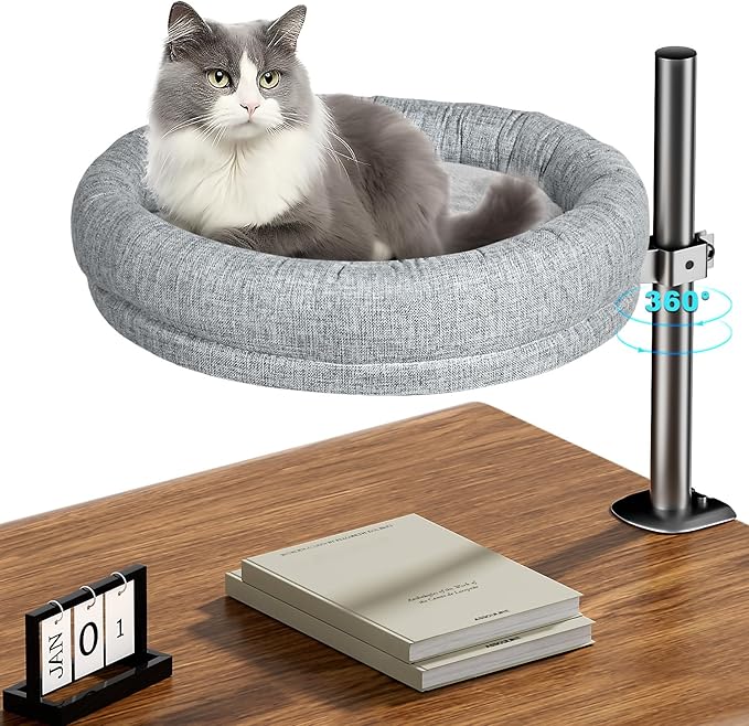 Cat Bed - Desk Cat Nest with 360 Rotation & Adjustable Height - Soft & Comfortable - Indoor Cats Up to 40 lbs (Grey)
