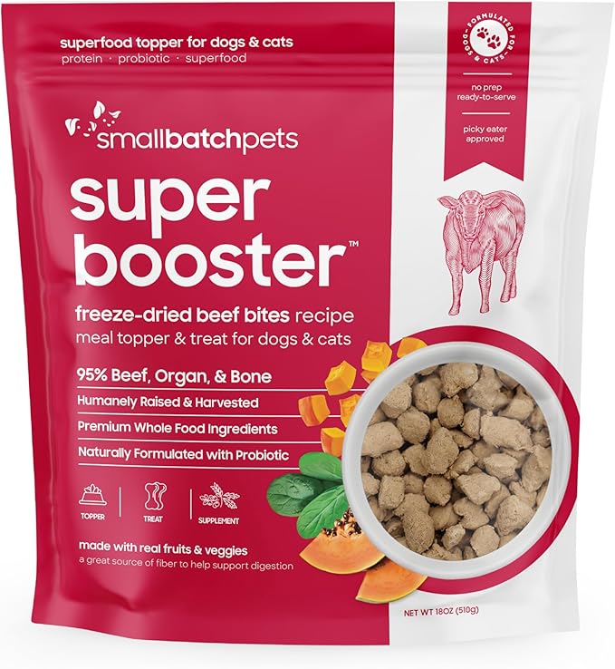 Smallbatch Freeze Dried Dog Treats, Superfood Food Topper Beef Bites for Dogs & Cats, Probiotics, Organic Ingredients, High Protein, Grain Free Healthy Treat Food Topper, Made in The USA, 18 oz Bag