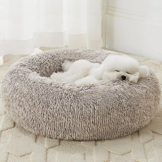WNPETHOME Calming Dog Bed & Cat Bed, Anti-Anxiety Donut Small Dog Bed, Fluffy Faux Fur Cats Cushion Puppy Bed for Small Pets and Cats (24 x 24 inch, Light Coffee)