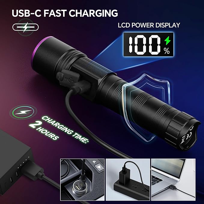 365nm Black Light Flashlight, UV Flashlight Rechargeable with LCD Display, Powerful Ultraviolet Lights for Pet Urine Detection, Resin Curing, Minerals, Blood tracking, Scorpion, Uranium Glass, A/CLeak