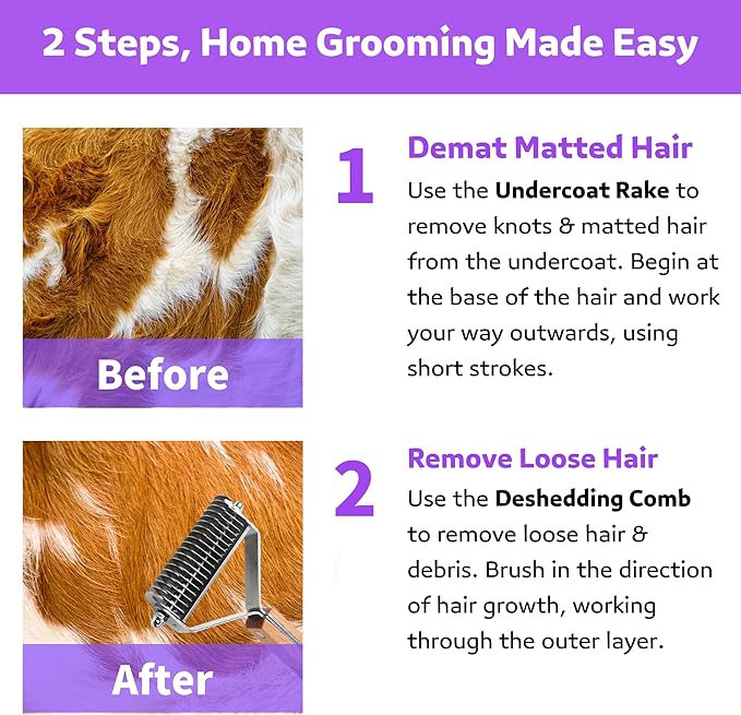2 in 1 Dogs Cats Dematting Grooming Comb, Perfect Deshedding Undercoat Rake for Poodle & Goldendoodle, Efficiently Detangling Shedding Loose Hair & Matted Fur, All Long Haired Pet (Dark)
