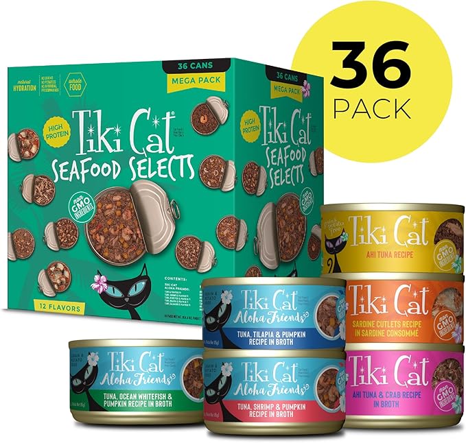 Tiki Cat Seafood Selects, Ultimate Variety Pack, 36 High Protein Servings with Real Flaked Fish, Wet Cat Food Mega Pack, 2.8 and 3 oz. Cans (Pack of 36)