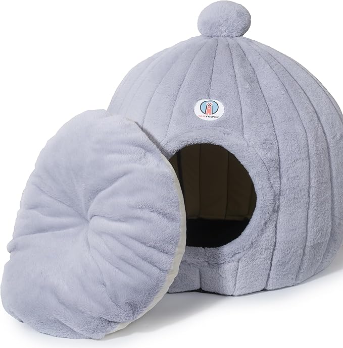Extra Large Cat Cave Bed for Large Cats & Small Dogs – Plush Dome Hideaway with Removable Cushion – Spacious, Enclosed Cat House (24x23”, Light Gray)