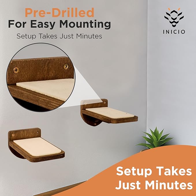 INICIO Cat Wall Stairs - Set of 3 Wall Steps for Cats to Climb with Fixtures, 9.3"x4.7" - Floating Steps for Climbing or Playing - for Kittens and Adult Cats, Dark Brown