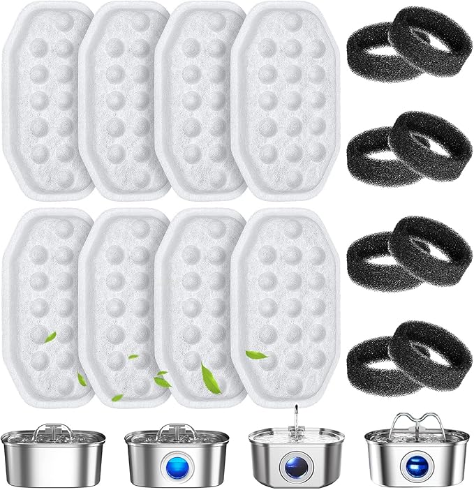 16 Pcs Cat Water Fountain Filters Replacement & Pre-Filter Sponges for 108oz/3.2 Stainless Steel Pet Water Fountain with Water Level Window