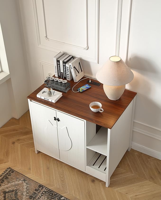 Cat-Faced Doors Cat Litter Robot Enclosure,Automatic Litter Box Enclosure for Litter Robot 3/4,Power Outlet for cat Litter Cabinet,Litter Collector,Dog-Proof Shelf,Antique White