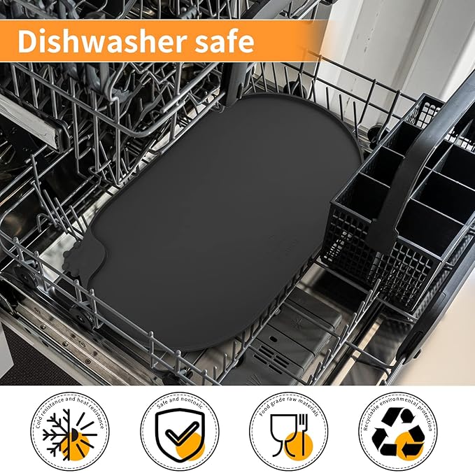 KPWACD Pet Placemat for Dog and Cat, Waterproof Silicone Dogs Feeding Bowl Mat Prevent Food and Water Overflow, High-Lips Puppy Dish Mats Suitable for Small Medium Big Pets, Black, 24" * 16"