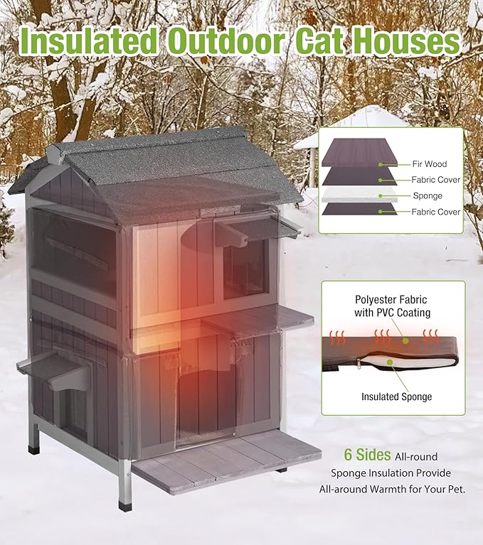 GUTINNEEN Insulated Cat House Outdoor for Winter, 2-Story Feral Cat Shelter Weatherproof with Large Acrylic Window, Movable Floor & Multiple Jumping Platforms for Outdoor Cats