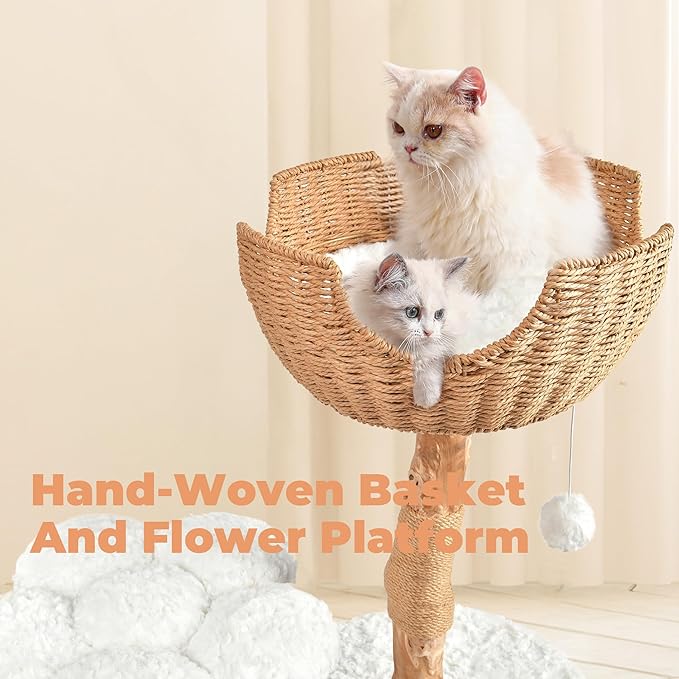 Easyego Modern Cat Tree, Aesthetic Wood Cat Tree Tower for Large Cats, Luxury Cat Condo with Scratching Posts and Flower Platforms, Cat Furniture by Easyego, (Rabbit Hair - White)