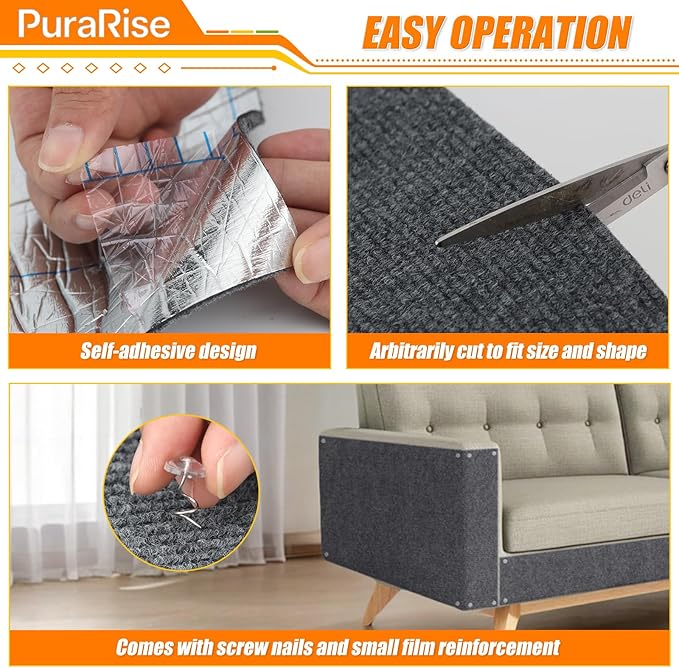 2PCS Cat Scratch Furniture Protector Mat DIY Self-Adhesive,39.3”X 15.8”，Includes Nano Adhesive and Fixing Nails (Gray)，for Sofa, Walls, Floors，Cat Tree,Door, Durable & Pet-Friendly