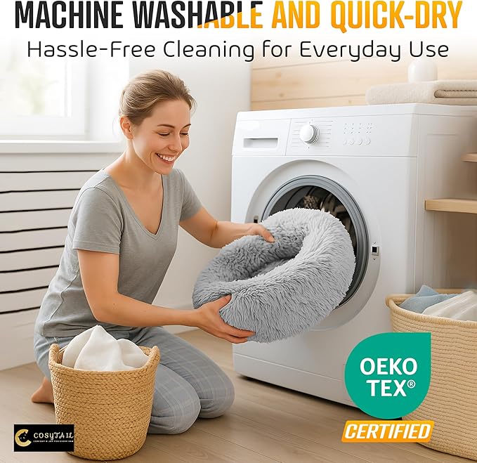 Anti-Anxiety Donut Pet Bed, Round Plush Faux Fur, Washable, Small to Medium Dogs and Cats (Grey, Large)