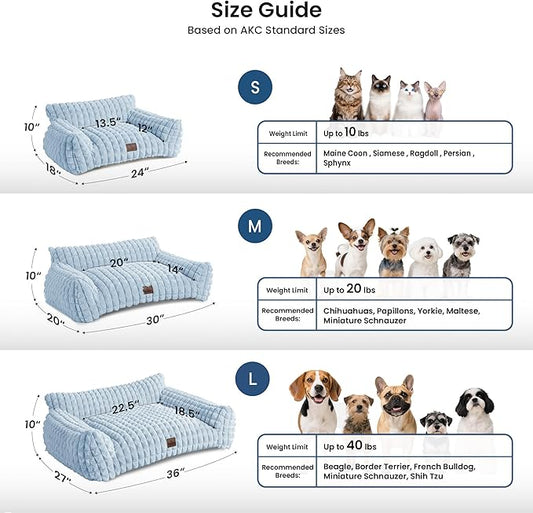 Cute Cat Couch Bed – Supportive & Fluffy Pet Sofa with Faux Rabbit Fur Washable Cover in 3D Diamond Pattern, 24" Light Blue