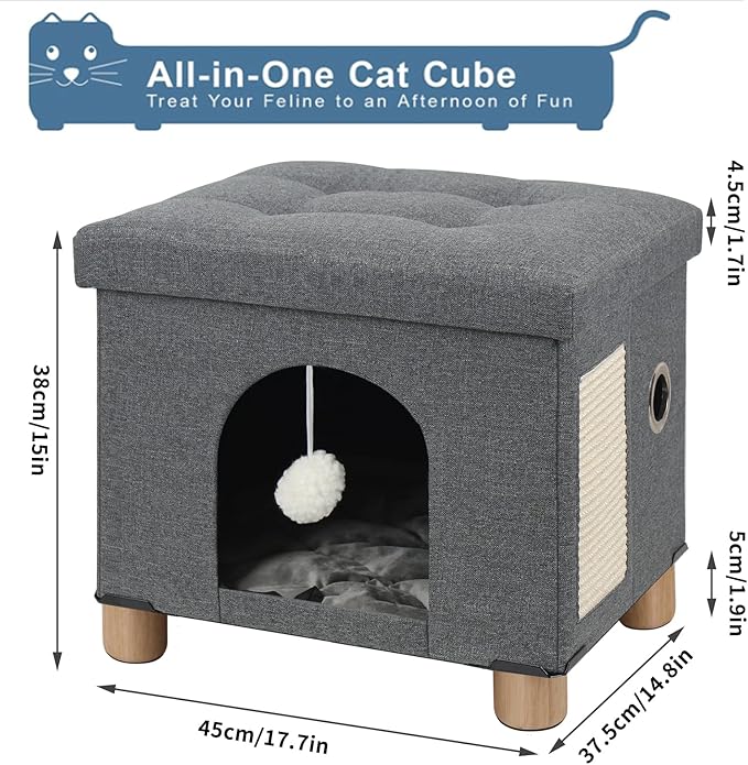 BRIAN & DANY Cat House for Indoor Cats, Cat Cave Bed for Pet, Cat Cube with Cat Scratch Board & Cat Ball,17.7 x 14.8 x 15 inches, Grey