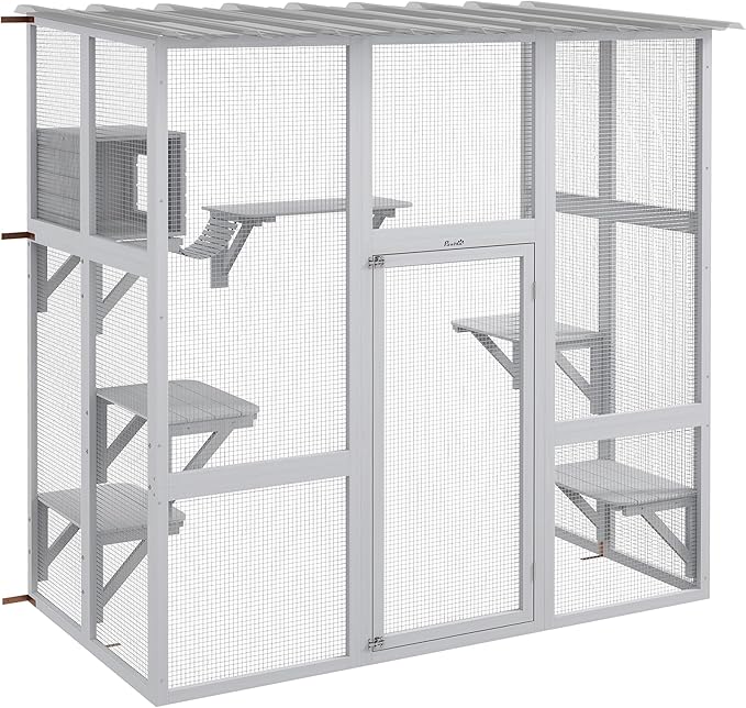 PawHut Catio Outdoor Cat Enclosure Window Box, Wooden Cat House Playground with Scratching Posts, Weather Protection Roof for 1-2 Kitties, Resting Boxes, 68" x 35.5" x 70.5", White