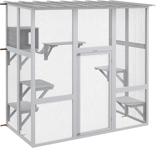 PawHut Catio Outdoor Cat Enclosure Window Box, Wooden Cat House Playground with Scratching Posts, Weather Protection Roof for 1-2 Kitties, Resting Boxes, 68" x 35.5" x 70.5", White