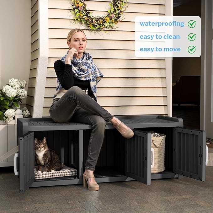 Cat Litter Box Enclosure Resin Hidden Cat Litter Box Furniture Multi Functional Three Door Spacious Odorless Waterproof UV Resistant Durable Indoor Outdoor Use Black