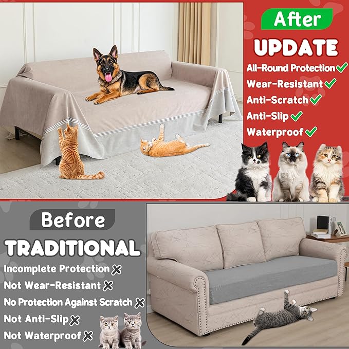 Loiion Cat Scratch Furniture Protector - Anti-Slip, Waterproof Sofa Cover to Keep Cats Off, Pet-Friendly Couch Protectors for 3 Cushion Couch, Anti-Scratch Couch Cover for Pets and Kids 118"X91"Khaki