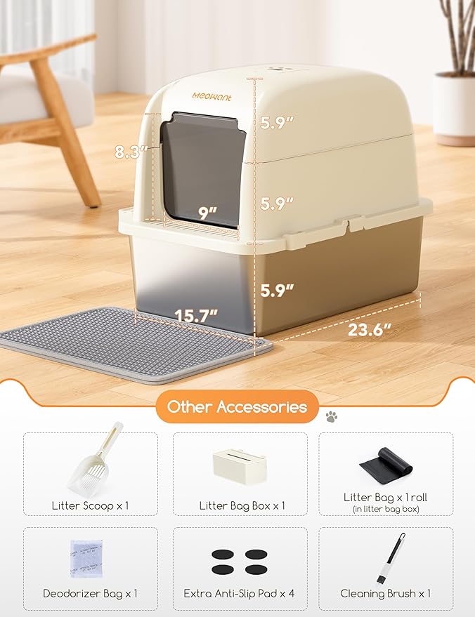 Meowant Stainless Steel Cat Litter Box, Extra Large 3-in-1 Enclosed/Open Top Metal Litter Box with Lid, Odorless Cat Litter Pan with High Sides for Big Cats, Non-Sticky, Anti-Leakage, Easy Cleaning