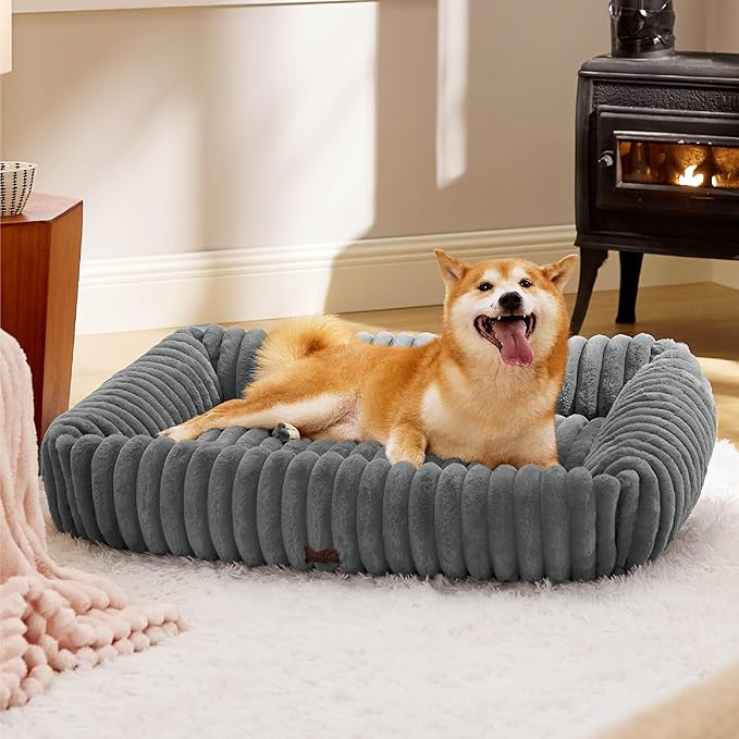 Bedsure Cute Dog Bed for Large Dogs - Washable Furry Puppy Beds, Rectangle Orthopedic Corduroy Fleece Pet Beds with Removable Zipper Cover, 36x27x8inches, Warm Grey