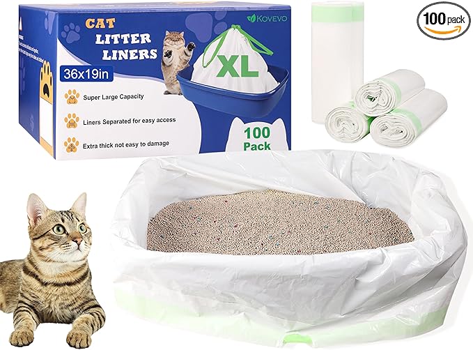 100 Pack Litter Box Liners Large - Extra Thick Jumbo Cat Litter Bags, 36"x19" Drawstring Large Cat Litter Liners for Litter Boxes, Easy Clean Up Kitty Litter Liner XL