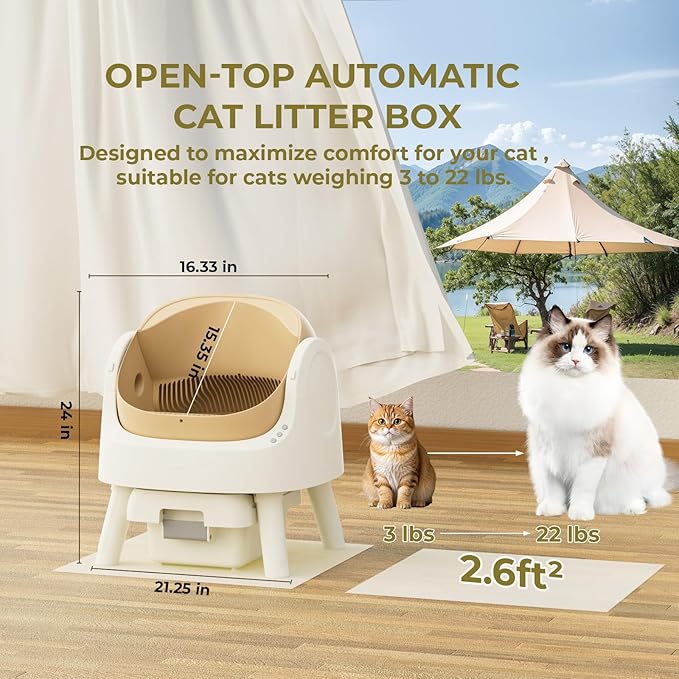 Automatic Litter Box, Self Cleaning Litter Box with Open Top Design, Integrated Safety Protection, Included Mat and Liner, Brown