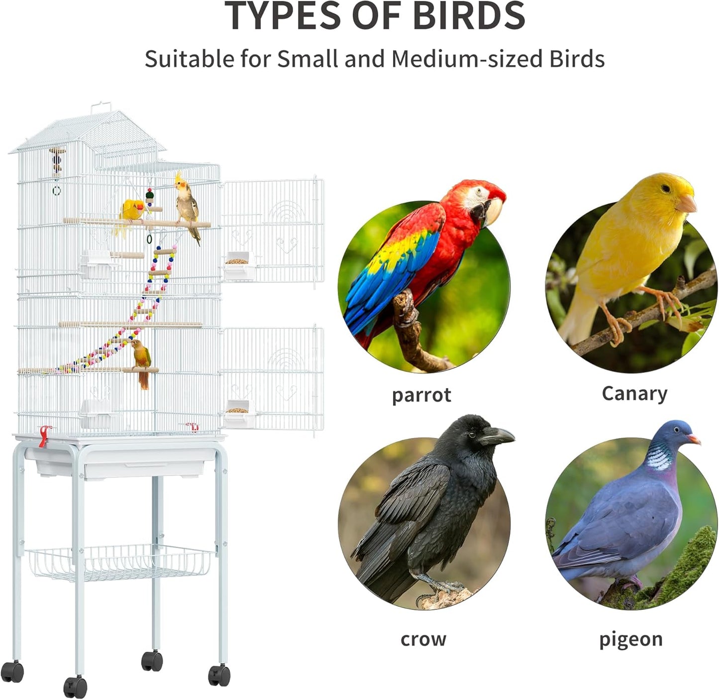 YITAHOME 62 inch Metal Bird Cage, Large Parakeet Cages for Parrot, Cockatiel, Lovebird, Pigeon with Roof Top, Rolling Stand and Hanging Accessories, White