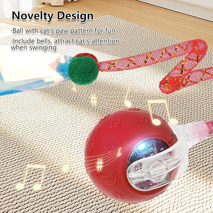 Upgraded Interactive Cat Toy, cat Toys for Indoor Cats, Automatic Kitten Ball with Mesh Elastic Tail, Moving Cat Toy for Bored Indoor Adult Cats, Motion Activated