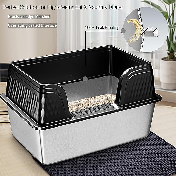 Vealind XXL Stainless Steel Cat Litter Box High Sided with Lid 23.7" L x 16" W x 14" H Side Entry Extra Large Metal Cat Litter Pan with Scoop and Mat for Big Cats Black
